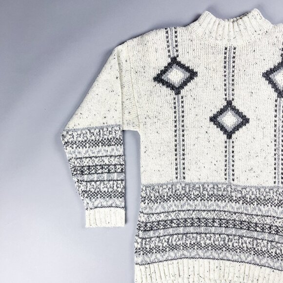 Fair Isle Sweater, Vintage 90's Mock Neck Geometric Knit Women's Pullover Jumper - Picture 3 of 7